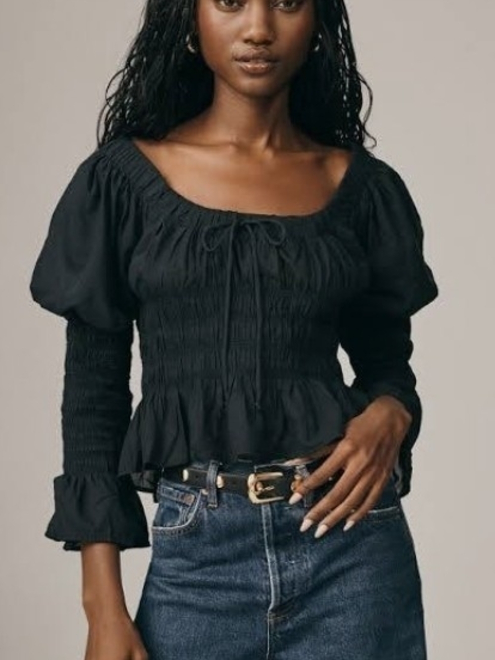 Anthropologie Black Long-Sleeve Smocked Babydoll Peasant Top  Romantic-S